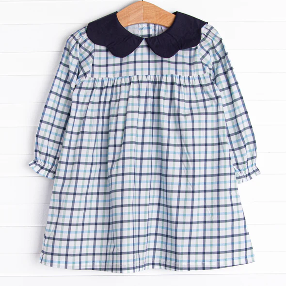 (Custom Design Preorder MOQ 5) Navy Plaid Print Girls Long Sleeve Knee Length Dress