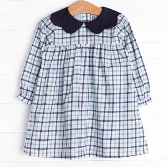 (Custom Design Preorder MOQ 5) Navy Plaid Print Girls Long Sleeve Knee Length Dress