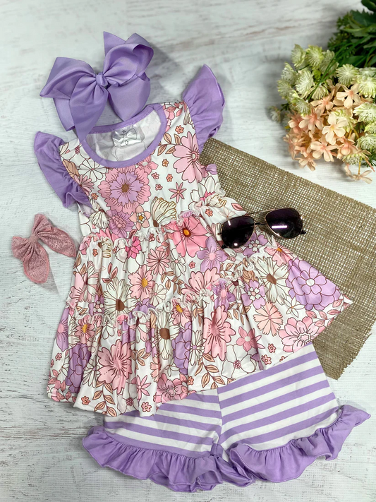 (Custom Design Preorder MOQ 5) Flowers Tunic Top Purple Stripes Shorts Girls Summer Clothes Set