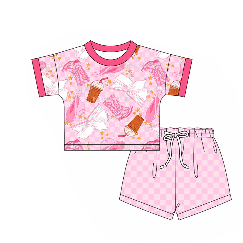 2.24(Custom Design Preorder MOQ 5) Boots Hat Top Pink Plaid Shorts Girls Summer Clothes Set