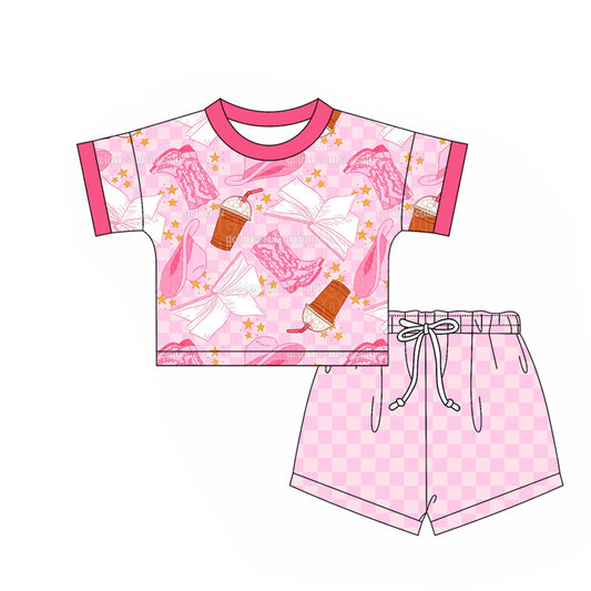 2.24(Custom Design Preorder MOQ 5) Boots Hat Top Pink Plaid Shorts Girls Summer Clothes Set