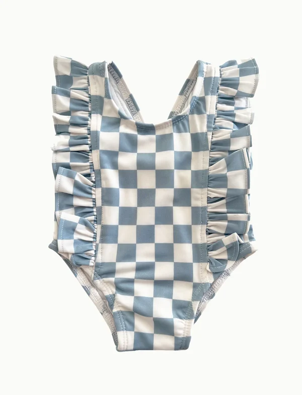 (Custom Design Preorder MOQ 5)  Blue Plaid Print Ruffle Girls 1 Piece Swimsuits
