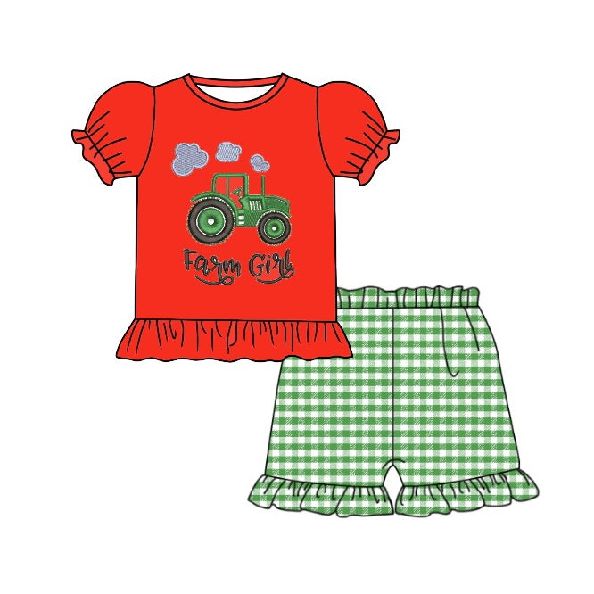 (Custom Design Preorder MOQ 5) Farm Tractors Print Red Top Green Plaid Shorts Girls Summer Clothes Set