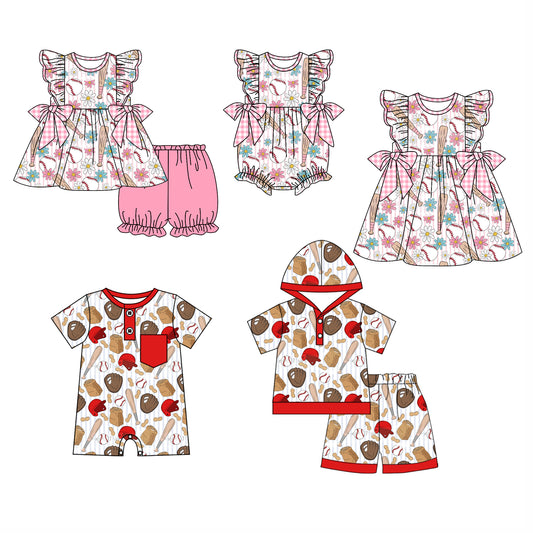 11.29(Custom Design Preorder MOQ 5 Each Design) Baseball Print Kids Summer Matching Clothes Sibling Wear