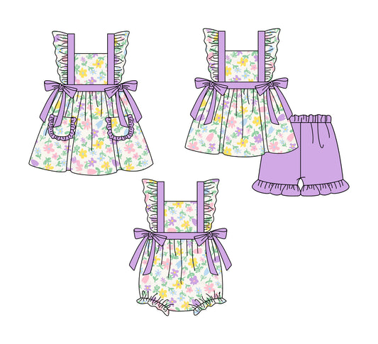 1.6(Custom Design Preorder MOQ 5 Each Design)  Colorful Flowers Print Girls Summer Matching Clothes Sisters Wear