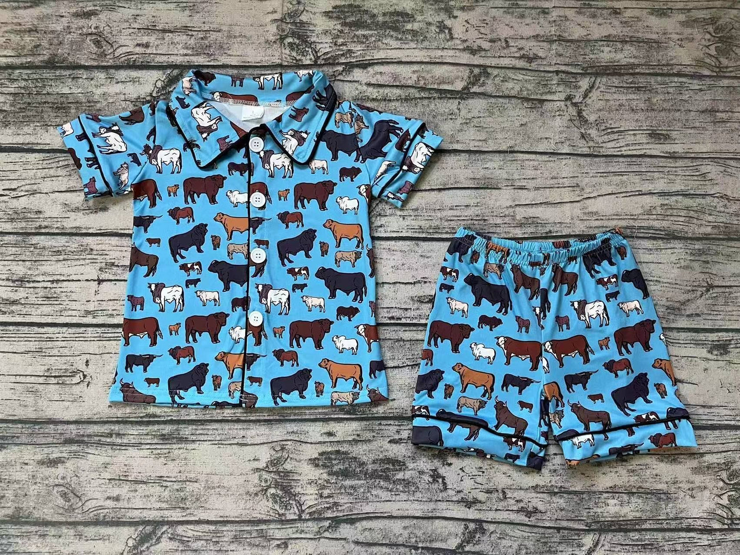 (Custom Design Preorder MOQ 5) Cows Blue Shorts Adult Summer Pajamas Clothes Sets