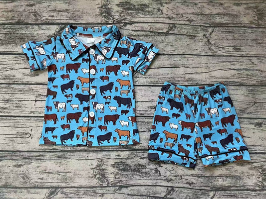 (Custom Design Preorder MOQ 5) Cows Blue Shorts Adult Summer Pajamas Clothes Sets