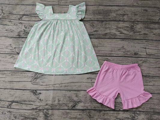 (Custom Design Preorder MOQ 5) Bows Flowers Tunic Top Pink Shorts Girls Summer Clothes Set