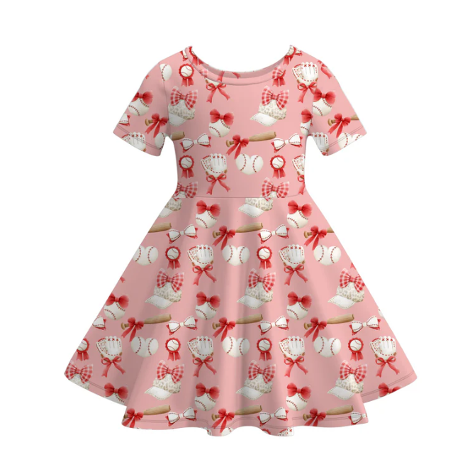 (Custom Design Preorder MOQ 5) Baseball Bows Print Girls Summer Knee Length Dress