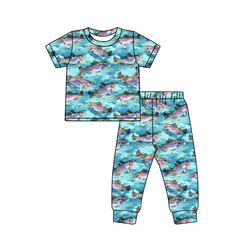 (Custom Design Preorder MOQ 5)  Fish Print Boys Pajamas Clothes Set