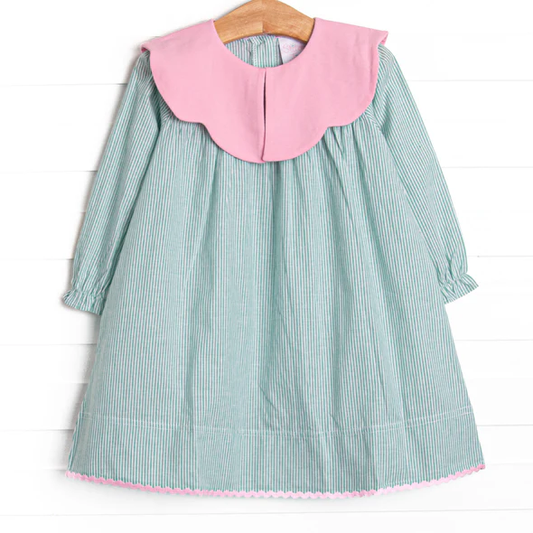 (Custom Design Preorder MOQ 5) Green Stripes Print Girls Knee Length Dress