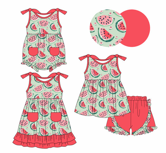1.6(Custom Design Preorder MOQ 5 Each Design) Watermelon Print Girls Summer Matching Clothes Sisters Wear