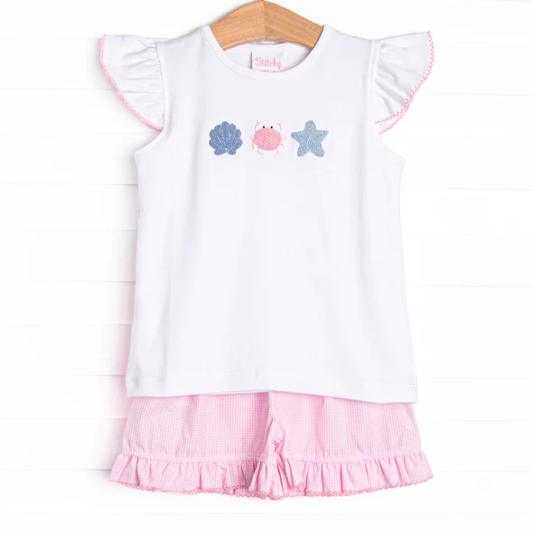 (Custom Design Preorder MOQ 5) Shell Crab Star White Top Pink Plaid Shorts Girls Summer Clothes Set