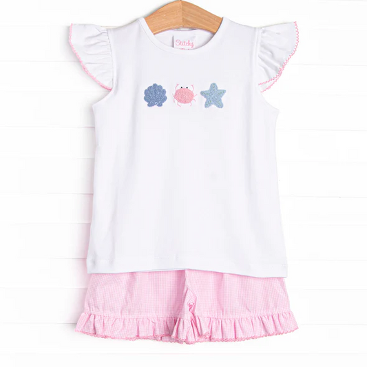 (Custom Design Preorder MOQ 5) Shell Crab Star White Top Pink Plaid Shorts Girls Summer Clothes Set