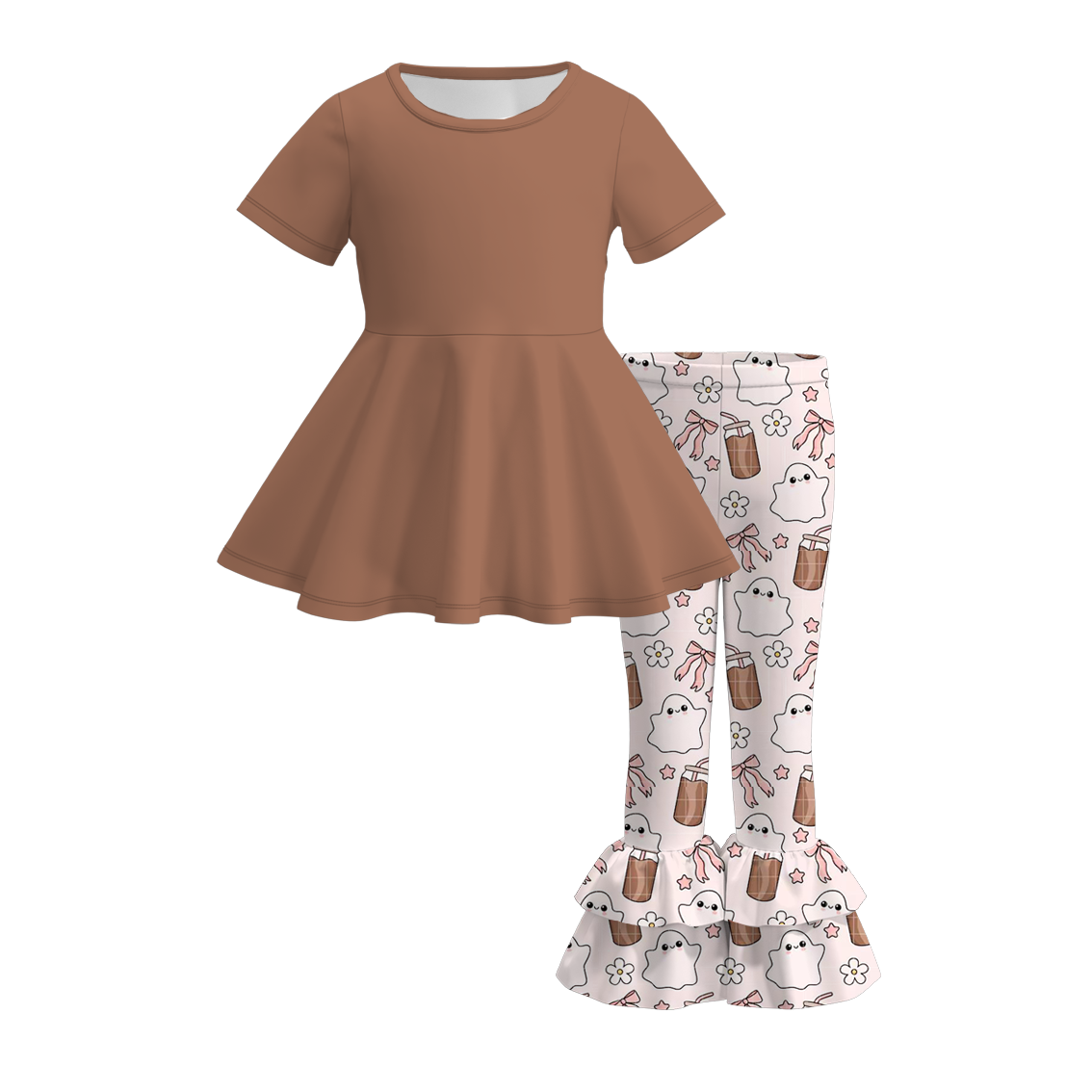 (Custom Design Preorder MOQ 5)  Brown Tunic Top Ghost Bows Ruffle Pants Girls Halloween Clothes Set