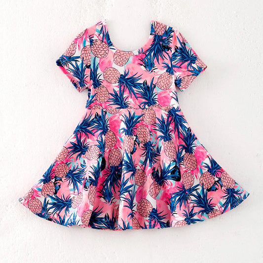 (Custom Design Preorder MOQ 5) Pineapple Pink Print Girls Summer Knee Length Dress