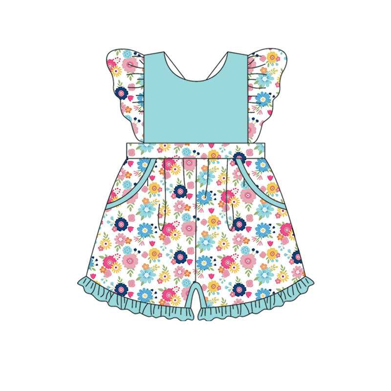 12.10(Custom Design Preorder MOQ 5) Colorful Flaowers Print Girls Summer Pockets Jumpsuits