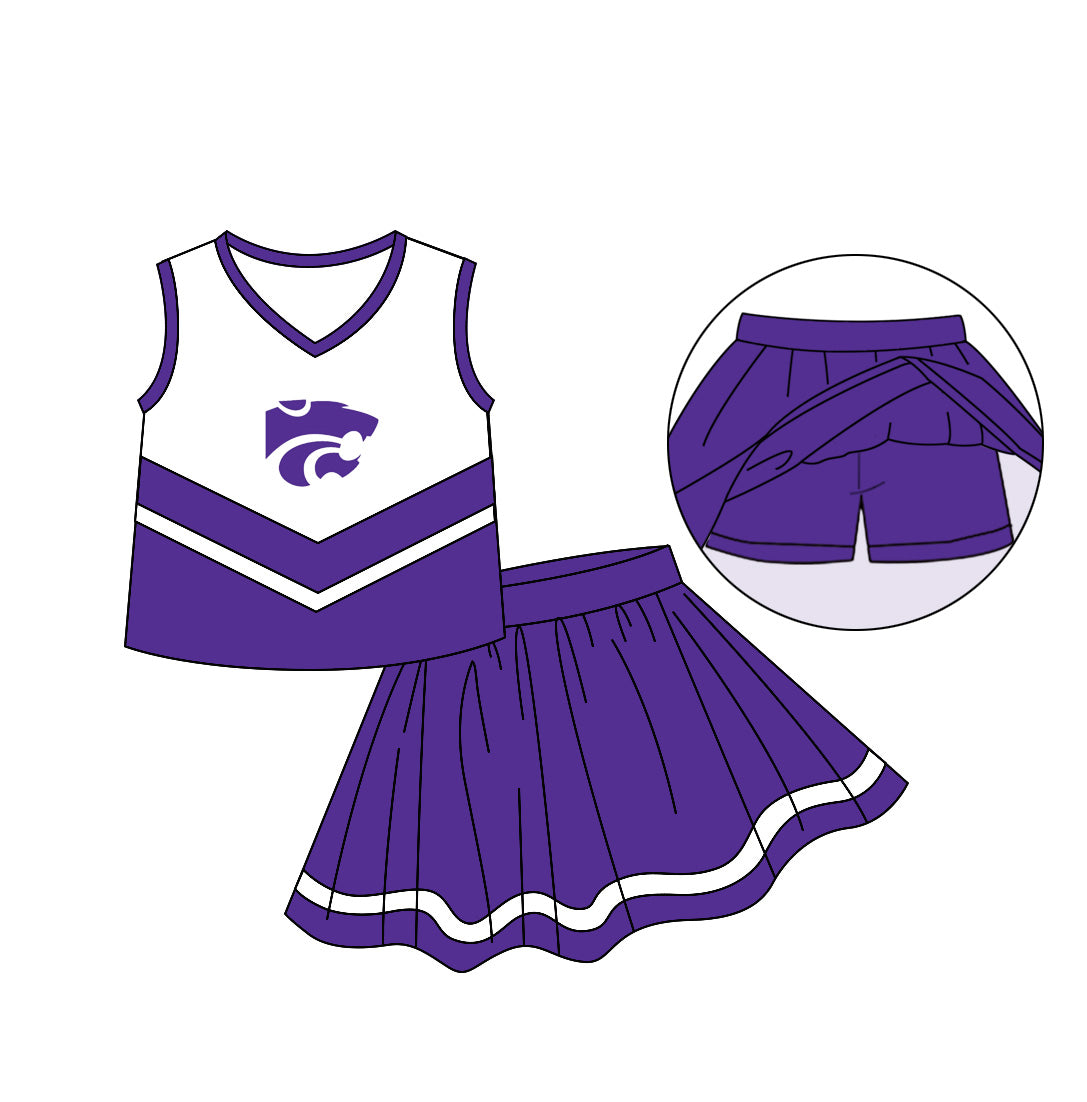 (Custom Design Preorder MOQ 5)  Team's Purple Print Skirts With Shorts Girls Summer Clothes Set