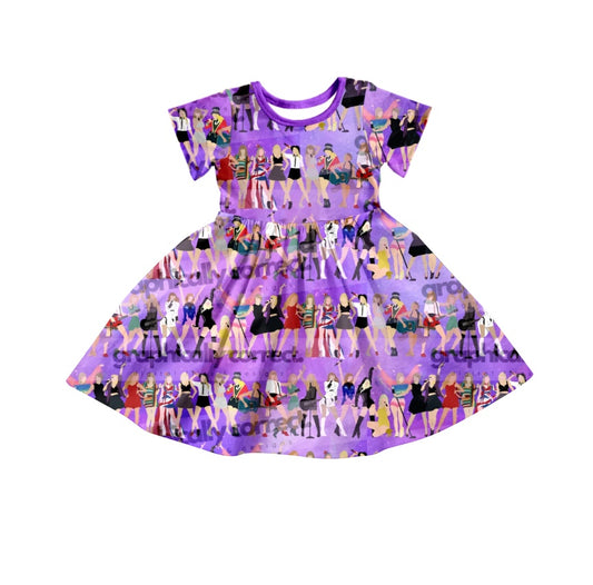 (Custom Design Preorder MOQ 5) Singer Purple Print Girls Summer Knee Length Dress