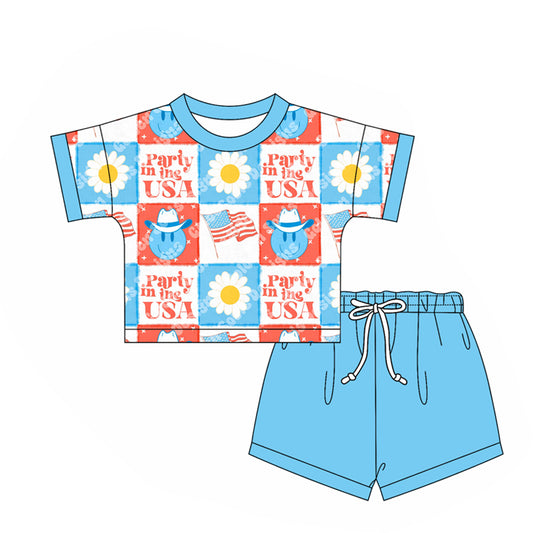 2.24(Custom Design Preorder MOQ 5) Flowers Cowboy Flag Top Blue Shorts Girls 4th of July Clothes Set