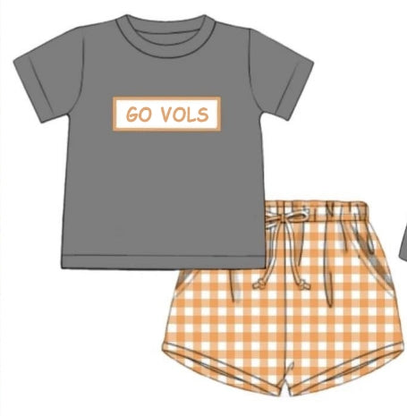 (Custom Design Preorder MOQ 5)  Team's GO VOLS Grey Top Plaid Shorts Boys Clothes Set