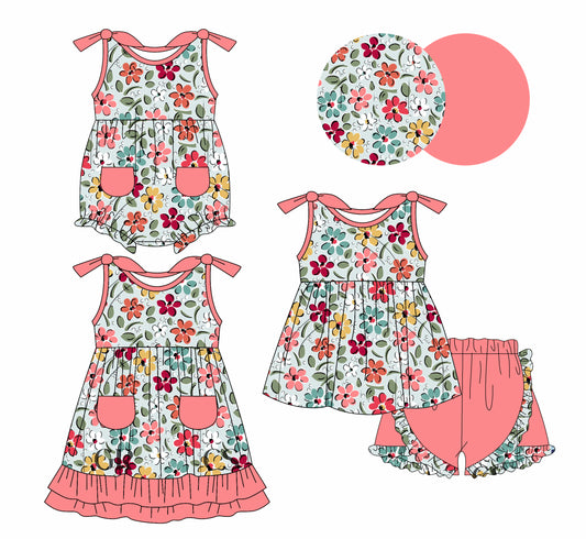 1.7(Custom Design Preorder MOQ 5 Each Design) Colorful Flowers Print Girls Summer Matching Clothes Sisters Wear