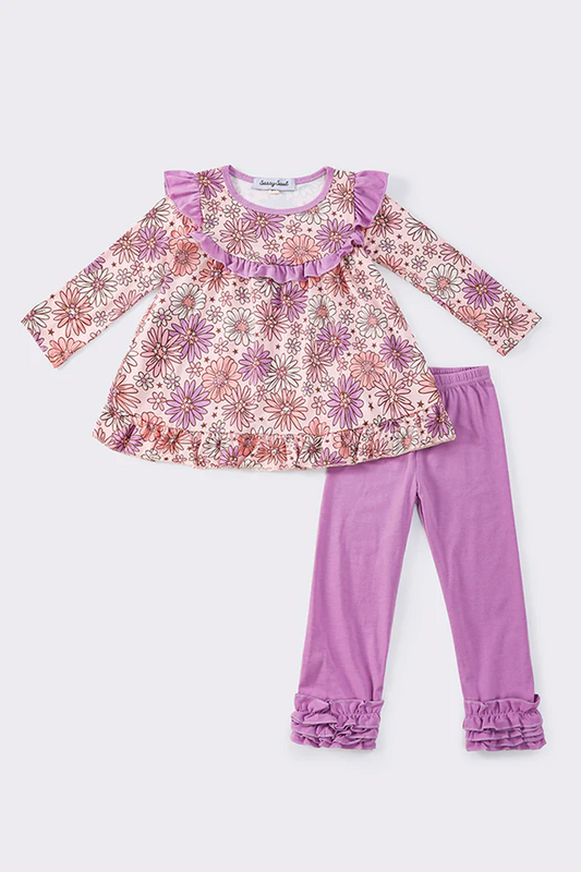 (Custom Design Preorder MOQ 5) Flowers Tunic Top Purple Pants Girls Clothes Set