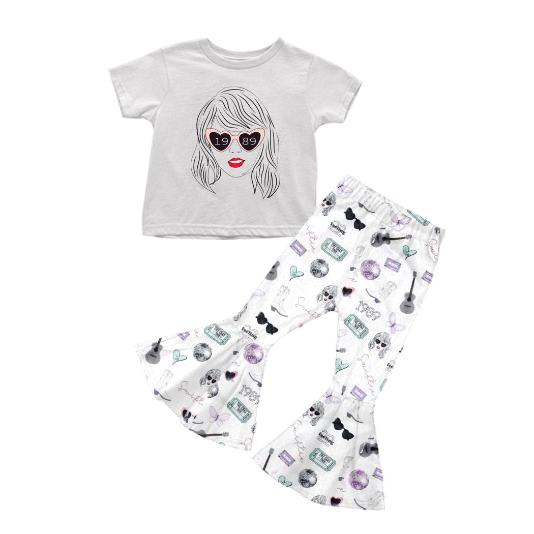(Custom Design Preorder MOQ 5) Grey Top Singer Design Bell Pants Girls Clothes Set