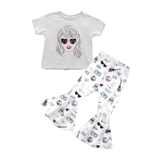 (Custom Design Preorder MOQ 5) Grey Top Singer Design Bell Pants Girls Clothes Set