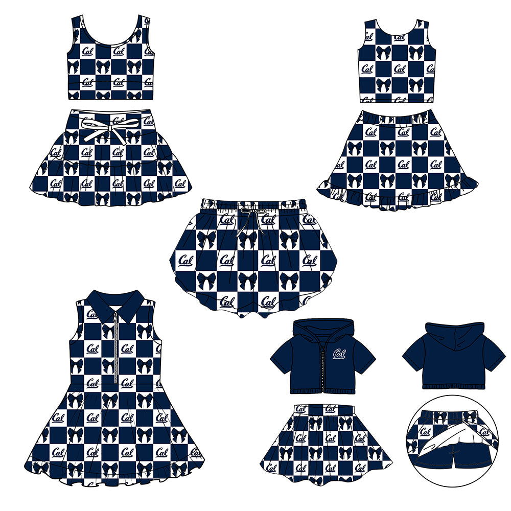 (Custom Design Preorder MOQ 5 Each Color) Team's California Golden Bears Bows Plaid Print Girls Summer Clothes Sisters Matching Wear