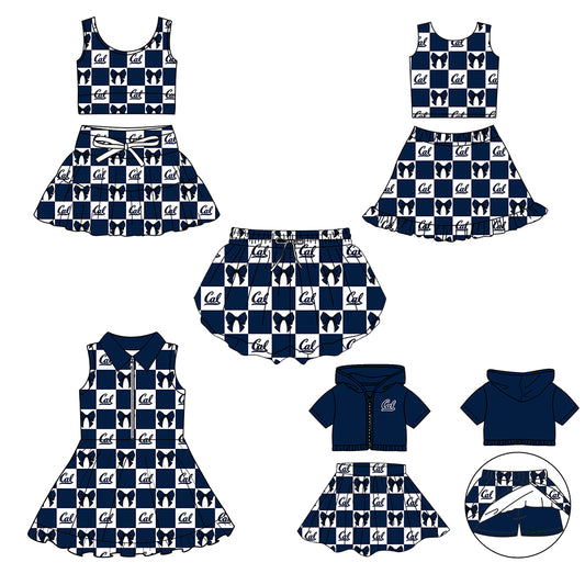 (Custom Design Preorder MOQ 5 Each Color) Team's California Golden Bears Bows Plaid Print Girls Summer Clothes Sisters Matching Wear