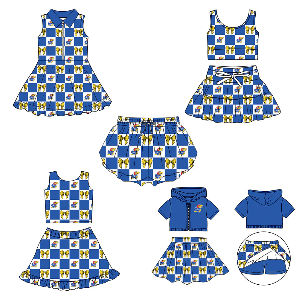 (Custom Design Preorder MOQ 5 Each Color) Team's Kansas Jayhawks Bows Plaid Print Girls Summer Clothes Sisters Matching Wear