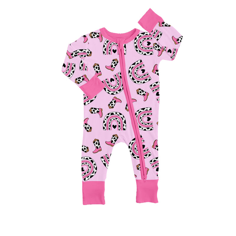 (Custom Design Preorder MOQ 5) NO.33 Pink Boots Rainbow Print Baby Zip Romper