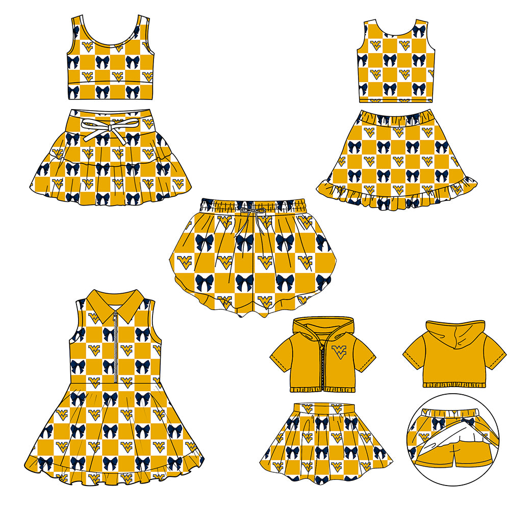 (Custom Design Preorder MOQ 5 Each Color) Team's West Virginia Bows Plaid Print Girls Summer Clothes Sisters Matching Wear