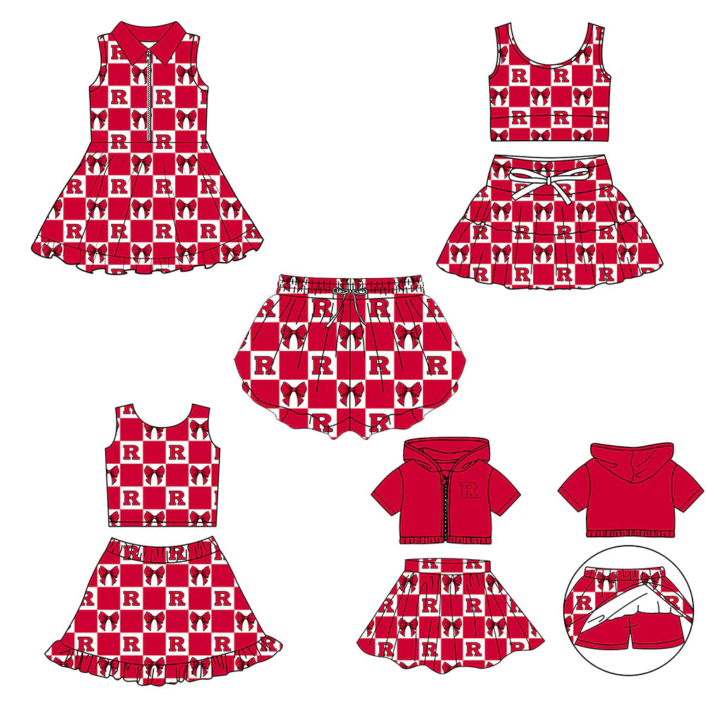 (Custom Design Preorder MOQ 5 Each Color) Team's Rutgers University Bows Plaid Print Girls Summer Clothes Sisters Matching Wear
