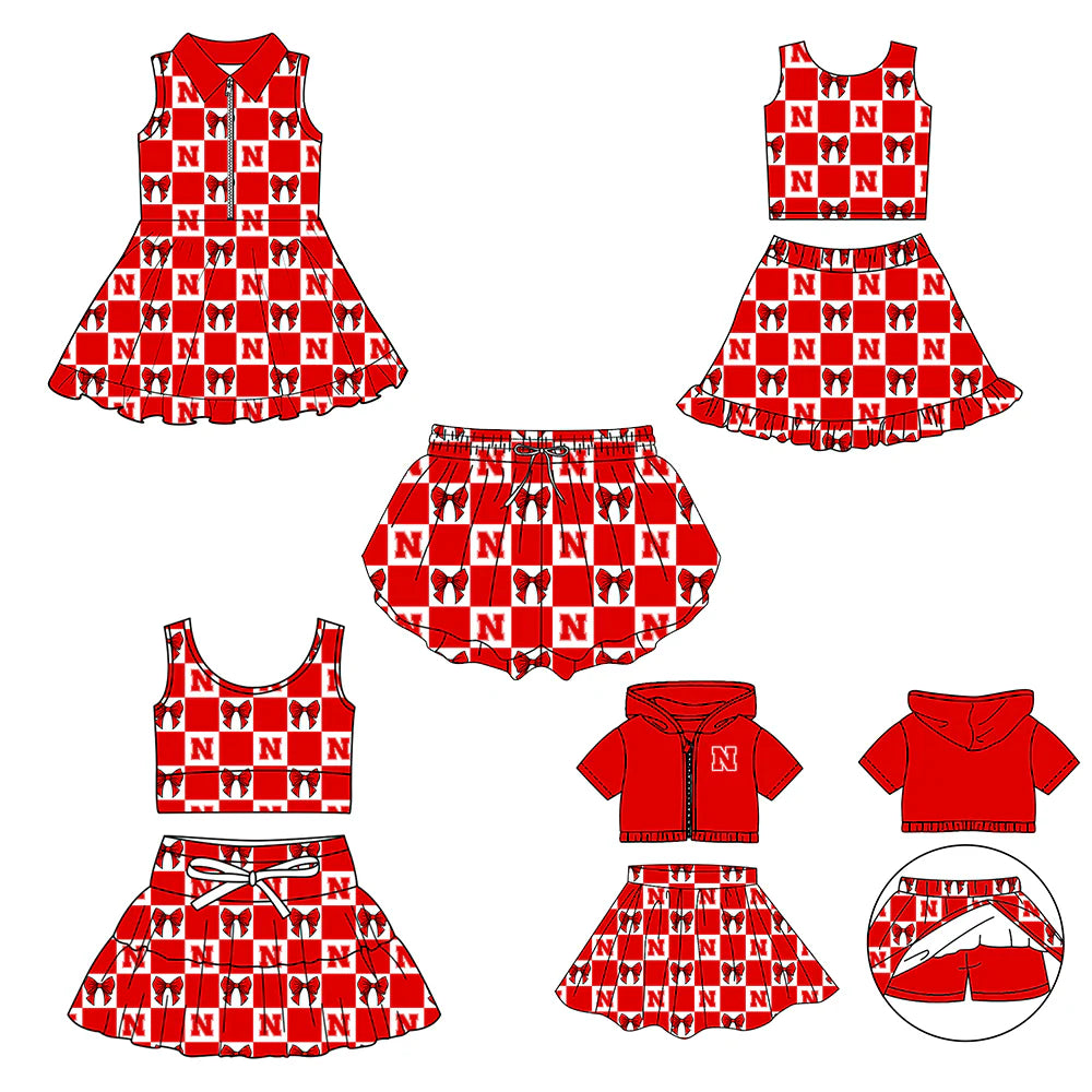 (Custom Design Preorder MOQ 5 Each Color) Team's N Red Bows Plaid Print Girls Summer Clothes Sisters Matching Wear
