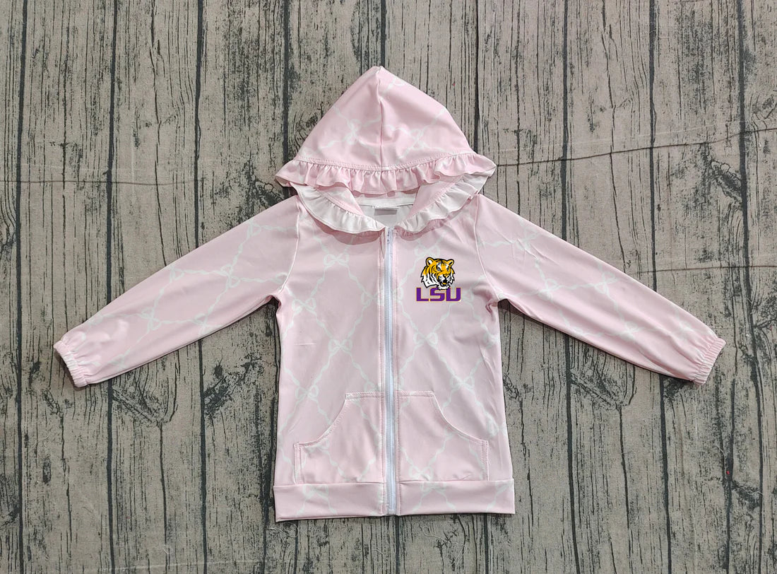 (Custom Design Preorder MOQ 5 Each Item) Team's LSU Tigers Pink Bows Print Girls Fall Zipper Hoodie Jackets Top Mom and Me Matching Clothes