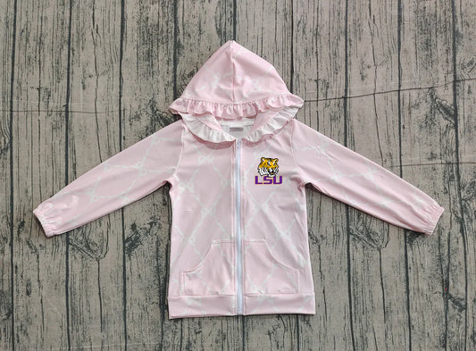 (Custom Design Preorder MOQ 5 Each Item) Team's LSU Tigers Pink Bows Print Girls Fall Zipper Hoodie Jackets Top Mom and Me Matching Clothes