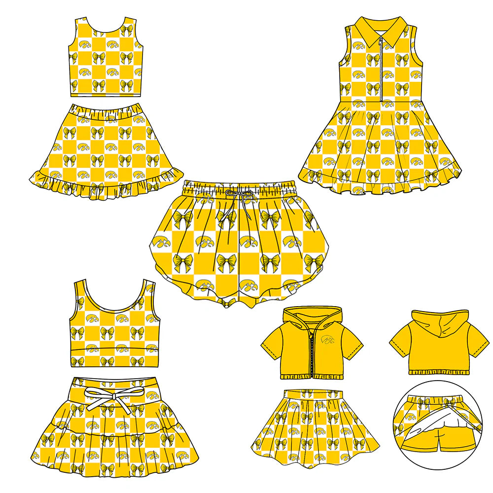 (Custom Design Preorder MOQ 5 Each Color) Team's Lowa Hawkeyes Bows Plaid Print Girls Summer Clothes Sisters Matching Wear