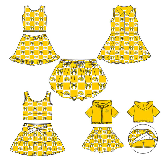 (Custom Design Preorder MOQ 5 Each Color) Team's Lowa Hawkeyes Bows Plaid Print Girls Summer Clothes Sisters Matching Wear