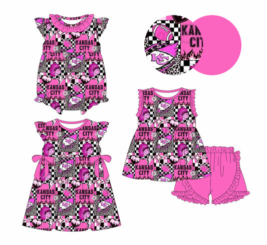 12.30(Custom Design Preorder MOQ 5 Each Design) Team's KC Hot Pink Leopard Print Girls Summer Matching Clothes Sisters Wear