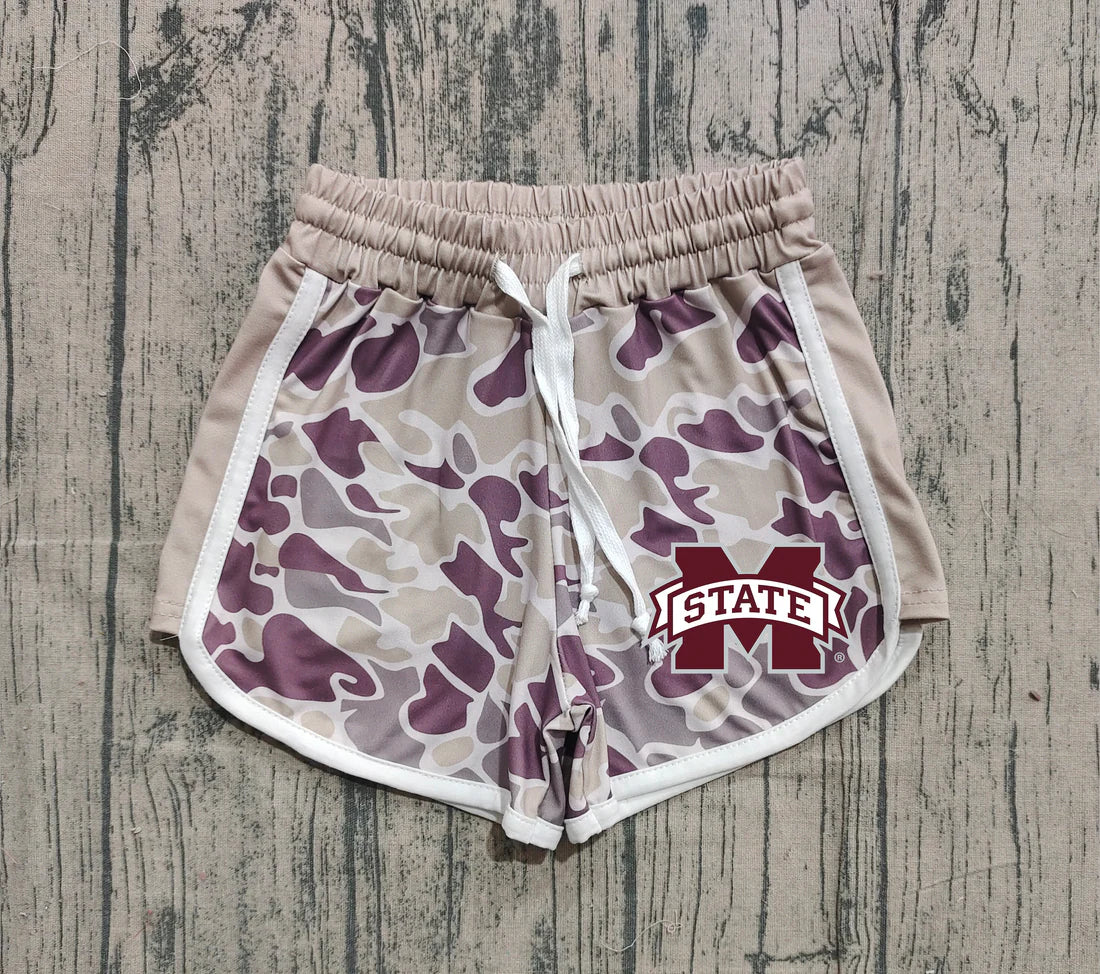 (Custom Design Preorder MOQ 5 Each Item) Team's Mississippi State Khaki Purple Camo Print Summer Bottom Shorts Mom and Me Matching Clothes