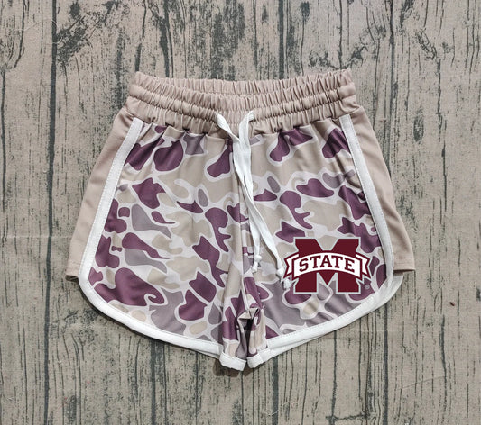 (Custom Design Preorder MOQ 5 Each Item) Team's Mississippi State Khaki Purple Camo Print Summer Bottom Shorts Mom and Me Matching Clothes