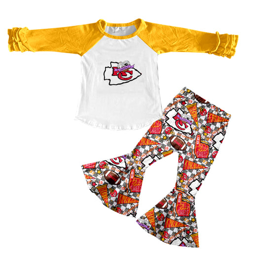 (Custom Design Preorder MOQ 5) Team's KC Yellow Print Raglan Sleeves Top Bell Pants Girls Fall Clothes Set