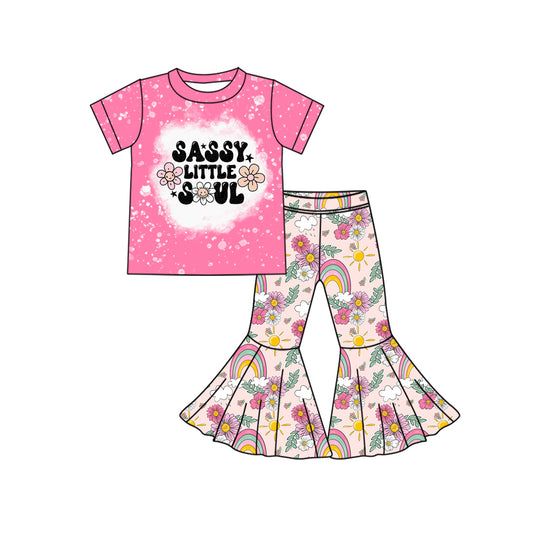 (Custom Design Preorder MOQ 5) Sassy Little Soul Pink Top Flowers Rainbow Bell Pants Girls Clothes Set