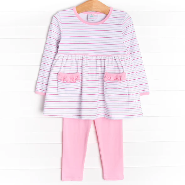 (Custom Design Preorder MOQ 5) Stripes Pockets Tunic Top Pink Pants Girls Fall Clothes Set
