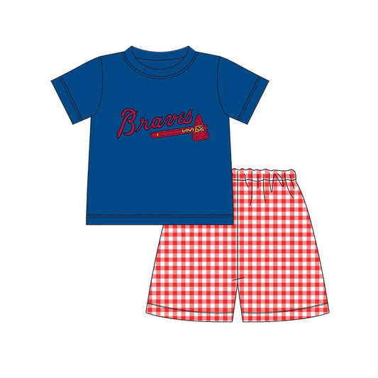 (Custom Design Preorder MOQ 5)  Team's Atlanta Braves Top Plaid Shorts Boys Summer Clothes Set