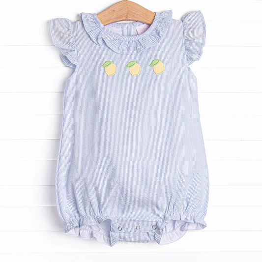(Custom Design Preorder MOQ 5) Lemon Stripes Print Baby Girls Summer Romper