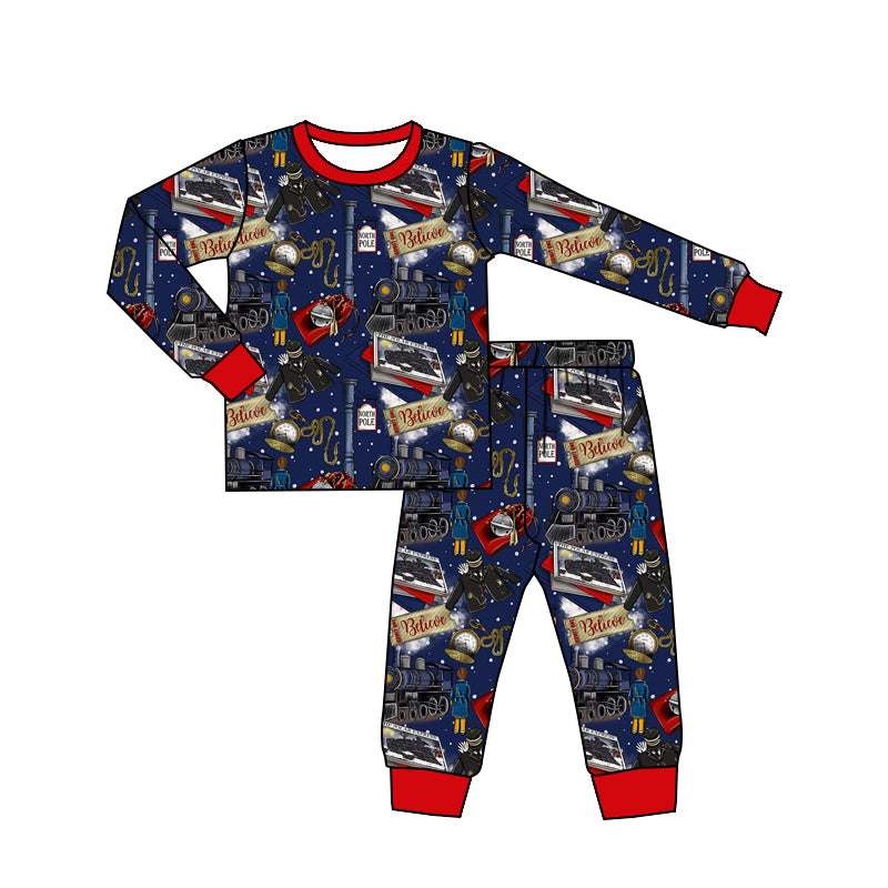 (Custom Design Preorder MOQ 5)  Polar Express Print Kids Christmas Pajamas Bamboo Clothes Set