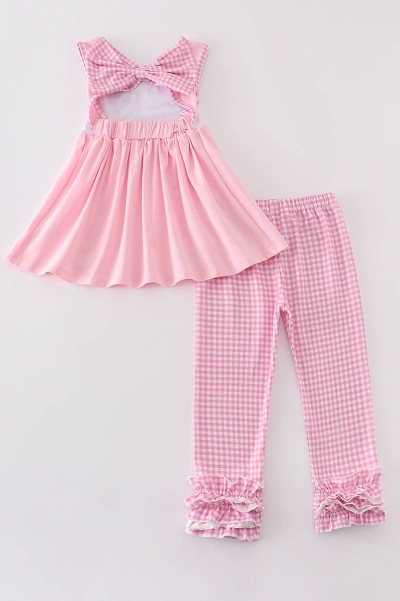(Custom Design Preorder MOQ 5) Dog Backless Tunic Top Pink Plaid Pants Girls Clothes Set
